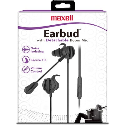 EAR BUDS-WIRED, 3.5MM, MAXELL DETACHABLE BOOM MIC, BLACK